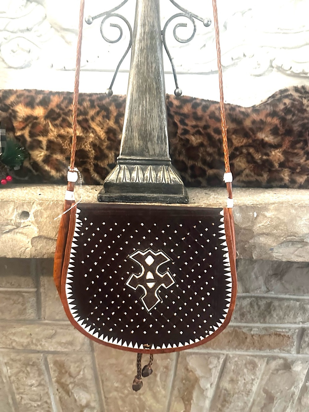 Leather Taureg Brown Suede Crossbody Bag with White Accent Stitching